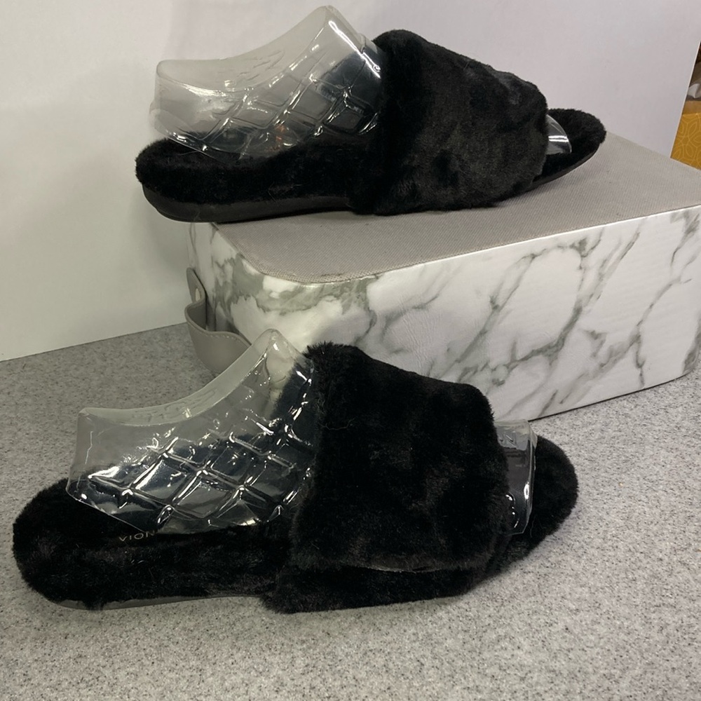 Vionic Black Furry Slides With Hook And Loop Clos… - image 1